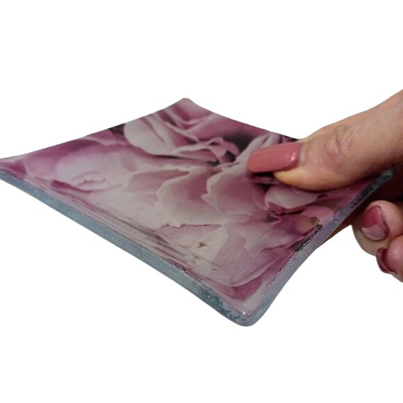 Glass Candle Drip Dish Plate 4" ROSE PETALS Violet Pink Square Romantic Vintage - Picture 13 of 16